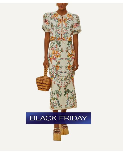 Farm Rio Metallic Off- Delicate Forest Linen Midi Skirt