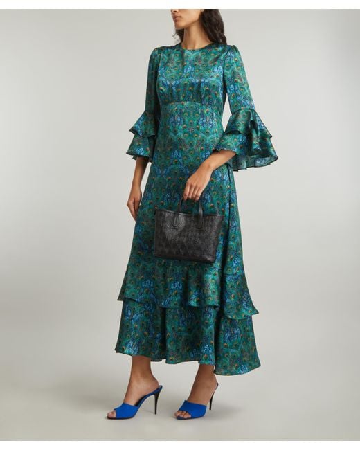 Liberty Women's Peacock Manor Silk Satin Gala Dress - Green/m Peacock Print Ankle Length Dress Pagoda Sleeves