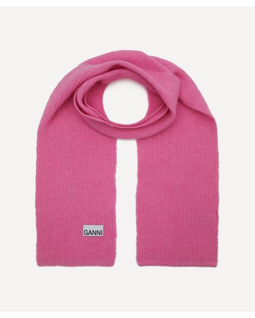 Ganni Pink Women's Logo Patch Knit Scarf One Size