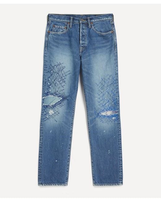 Kapital Blue Monkey Cisco Straight-Leg Distressed Embroidered Jeans for men