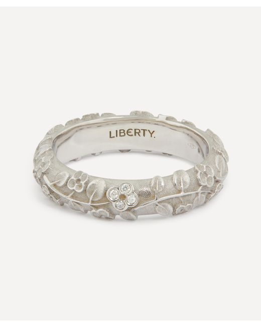 Liberty 9ct White Gold Diamond Blossom Ring - 53 Handmade Floral Embossed Ring Women's Gold Band Ring