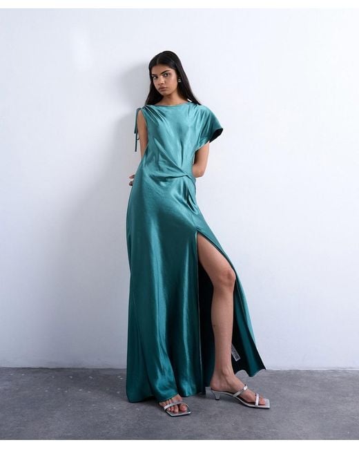TOPSHOP Blue Asymmetric Side Tuck Satin Midi Dress