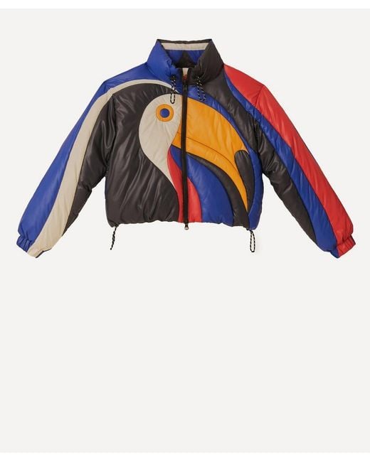 Farm Rio Blue Amanda Stripes Toucan Reversible Puffer Jacket