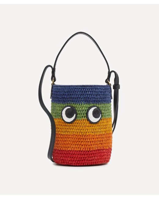 Anya Hindmarch Leather Mini Eyes Raffia Crossbody Bag in Blue Lyst