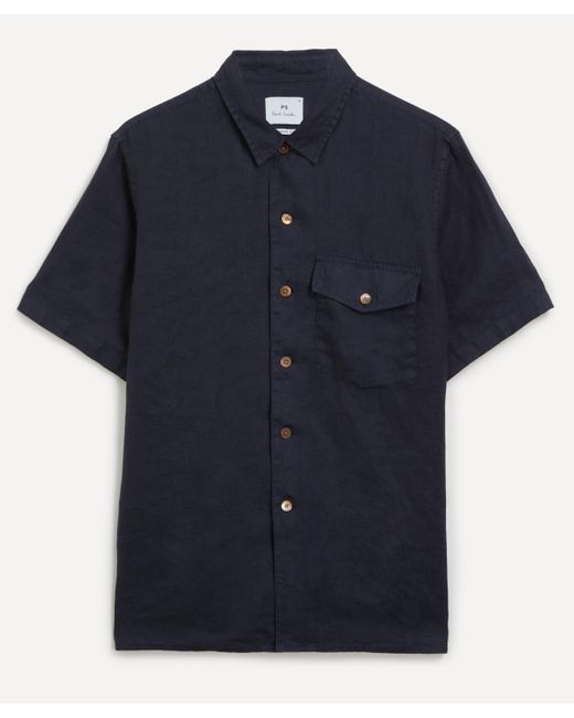 PS by Paul Smith Blue Mens Short-sleeve Navy Linen Shirt for men
