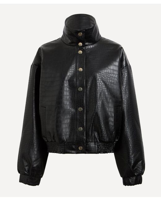 Kitri Black Estelle Faux Croc Oversized Bomber Jacket