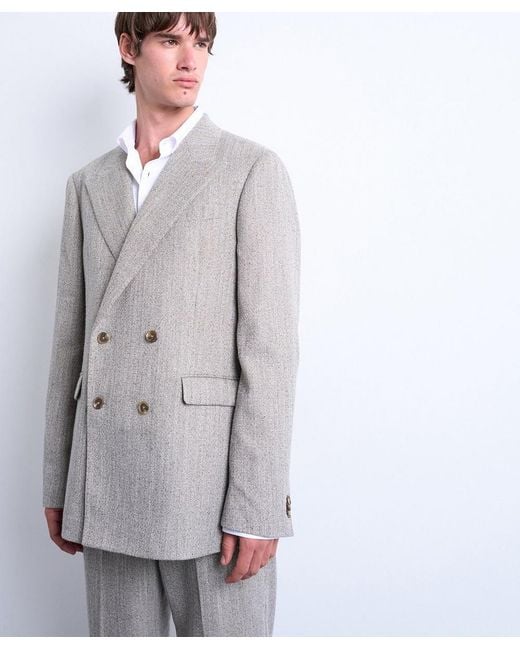 Topman Gray Double Breasted Herringbone Blazer for men