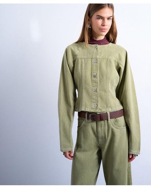 TOPSHOP Green Denim Cinch Shirt Shirt