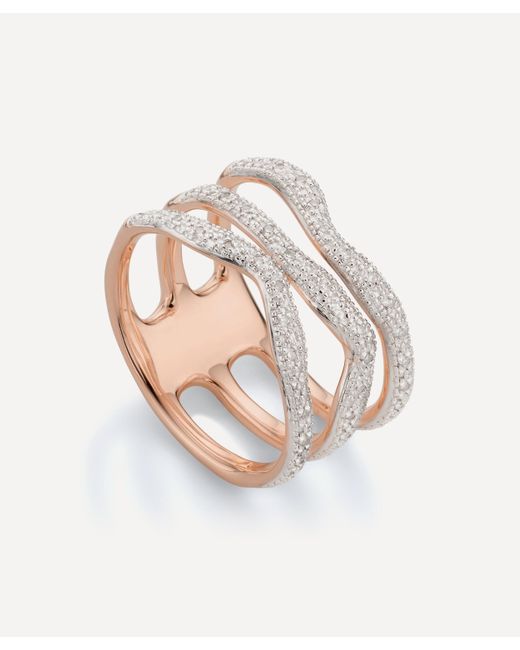 Monica Vinader White Rose Gold Plated Vermeil Silver Riva Diamond Wave Triple Band Ring B.5 - I