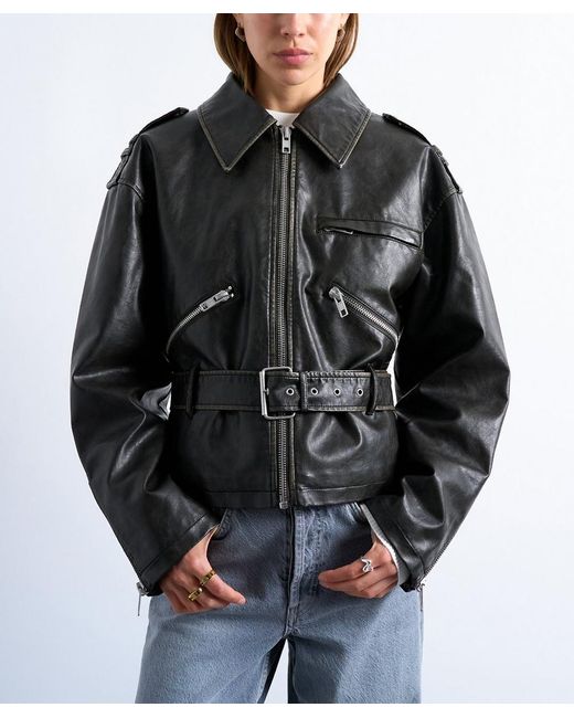 TOPSHOP Black Low Belted Biker Jacket