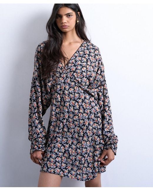 TOPSHOP Black Floral Print Mini Long Sleeve Tea Dress
