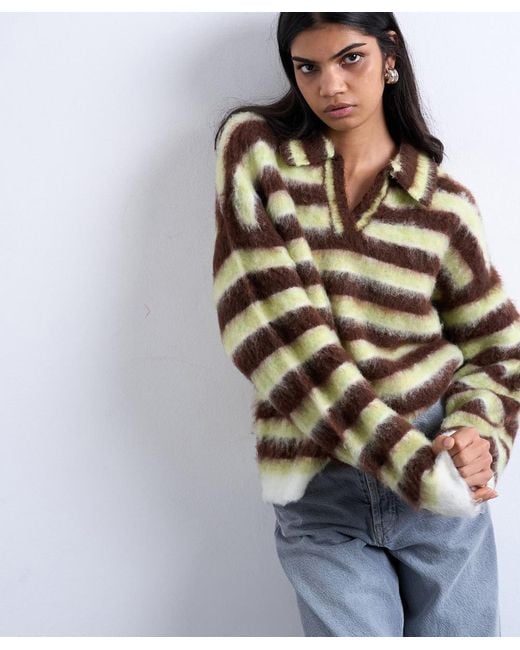 TOPSHOP Gray Knitted V Neck Fluffy Polo Jumper