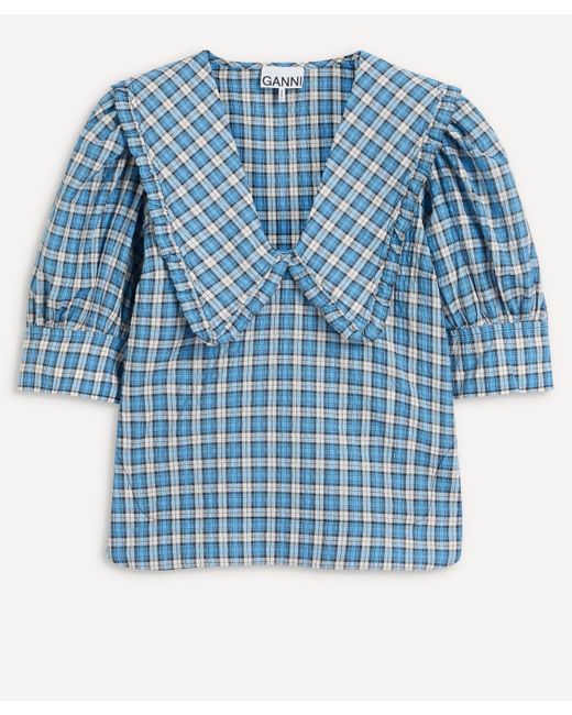 Ganni Corduroy Seersucker V-neck Blouse in Blue - Lyst