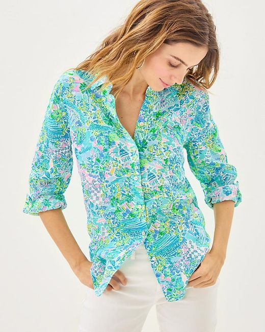 Lilly Pulitzer Blue Sea View Linen Button Down Top