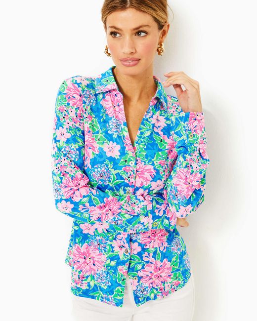 Lilly Pulitzer Blue Upf 50+ Chillylilly Marlena Button Down Top