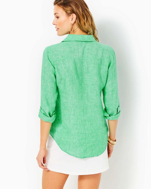 Lilly Pulitzer Green Sea View Linen Button Down Top