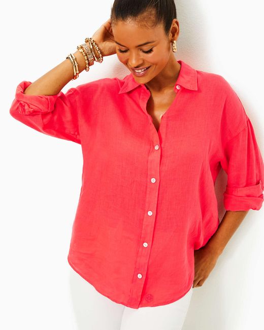 Lilly Pulitzer Red Stevey Relaxed Button Down Linen Shirt