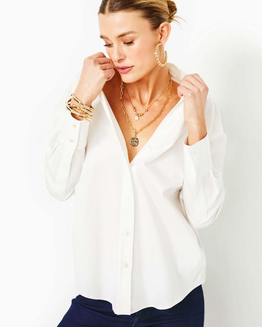 Lilly Pulitzer White Stevey Relaxed Button Down Stretch Shirt
