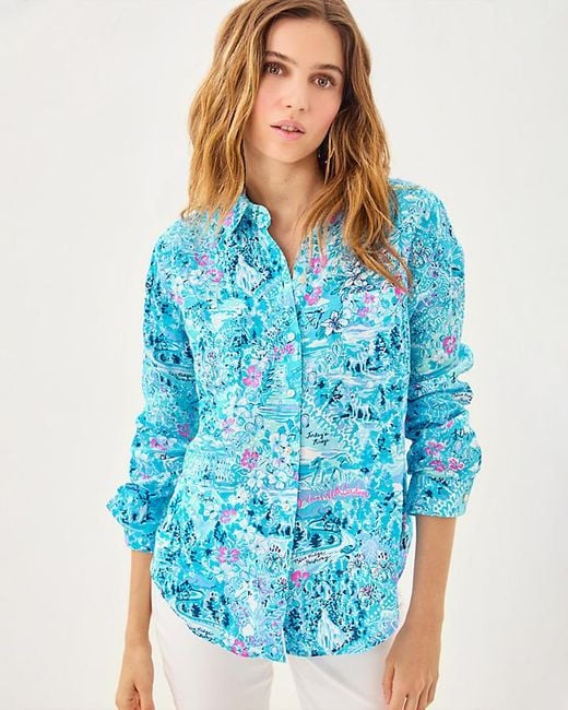 Lilly Pulitzer Blue Sea View Linen Button Down Top