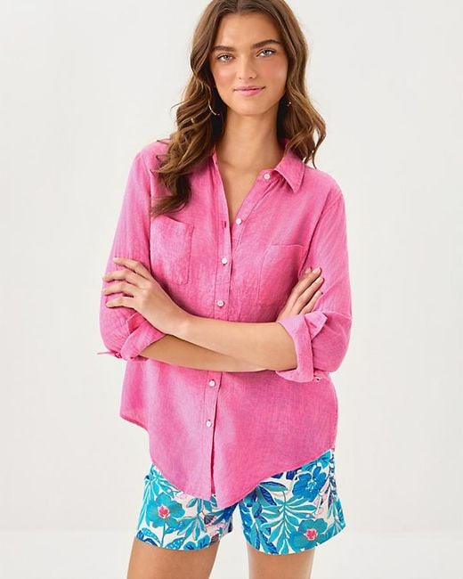 Lilly Pulitzer Pink Sea View Linen Button Down Top