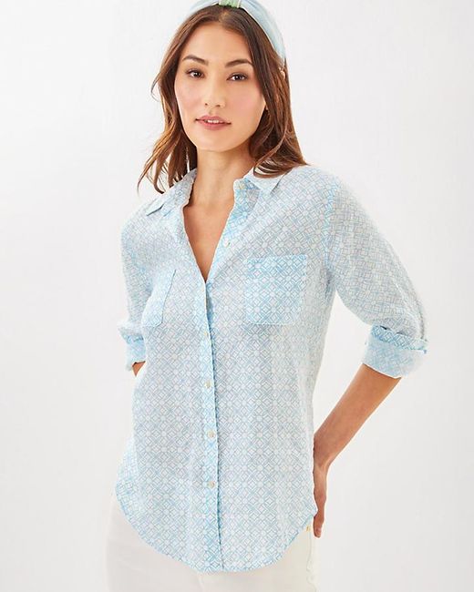 Lilly Pulitzer Blue Sea View Linen Button Down Top