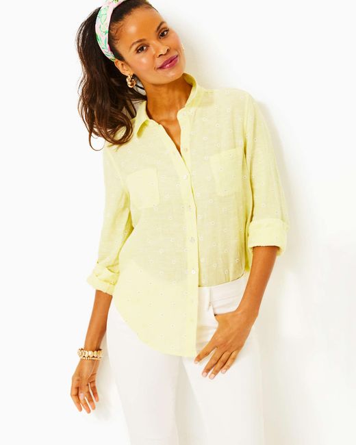 Lilly Pulitzer Yellow Sea View Linen Button Down Top