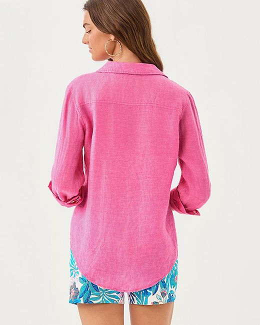 Lilly Pulitzer Pink Sea View Linen Button Down Top
