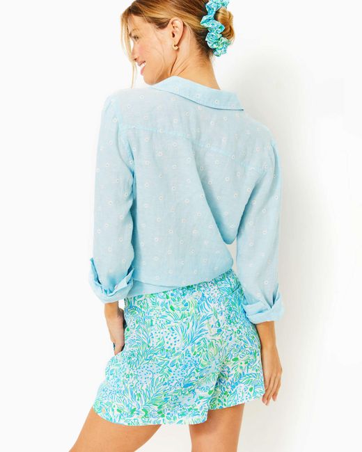 Lilly Pulitzer Blue Sea View Linen Button Down Top