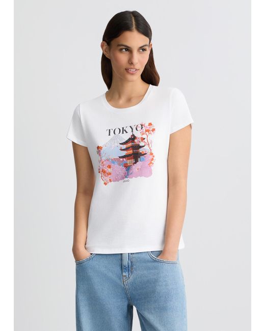 Liu Jo T-shirt In Cotone Con Stampa E Strass di Liu Jo in White