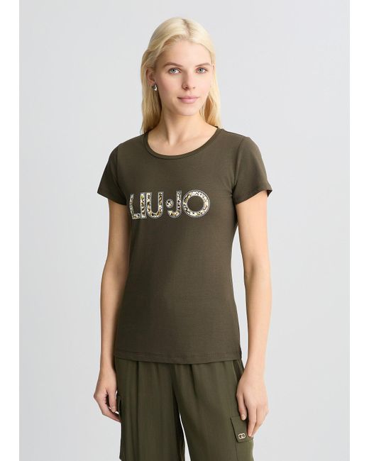 Liu Jo T-shirt Con Logo E Strass di Liu Jo in Green