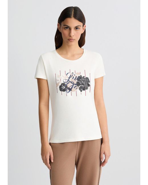 Liu Jo T-shirt Con Logo Floreale E Strass di Liu Jo in White