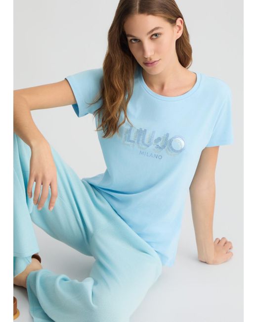 Liu Jo T-shirt Con Logo E Strass di Liu Jo in Blue