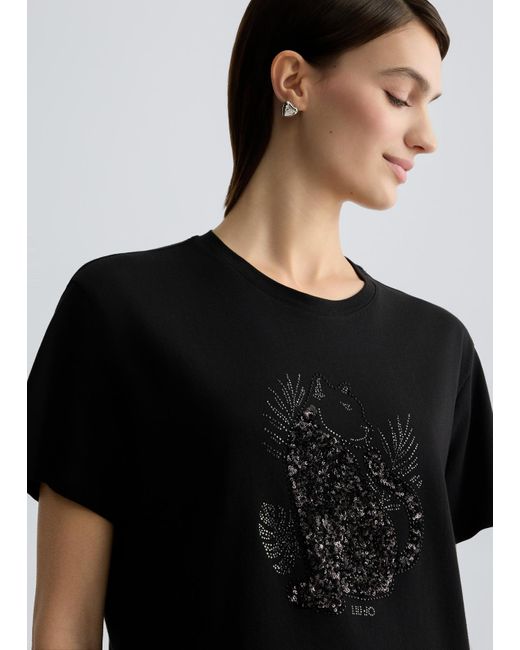 Liu Jo T-shirt In Cotone Con Paillettes E Strass di Liu Jo in Black