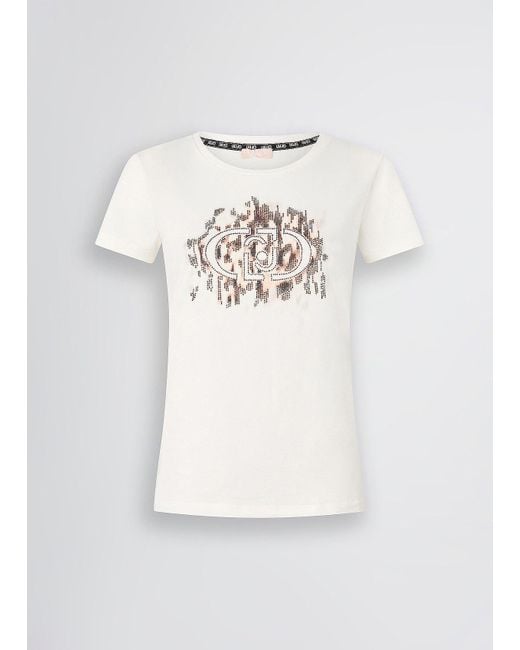 Liu Jo T-shirt Con Logo Animalier E Strass di Liu Jo in White