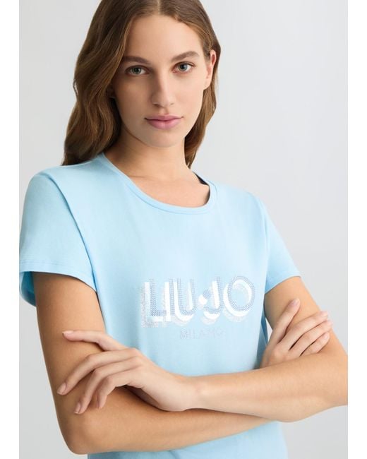 Liu Jo T-shirt Con Logo E Strass di Liu Jo in Blue