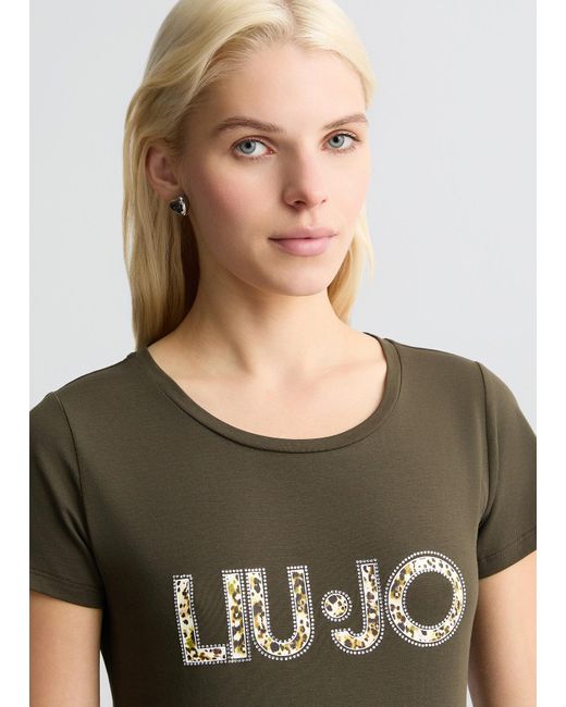 Liu Jo T-shirt Con Logo E Strass di Liu Jo in Green