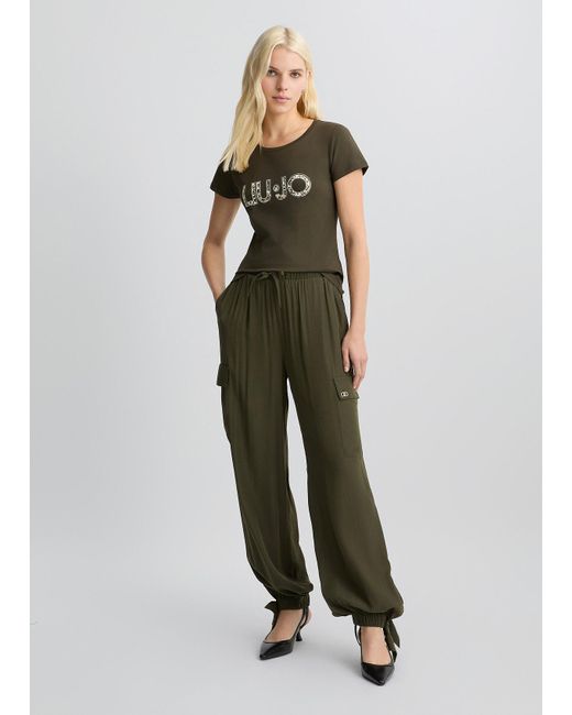 Liu Jo T-shirt Con Logo E Strass di Liu Jo in Green