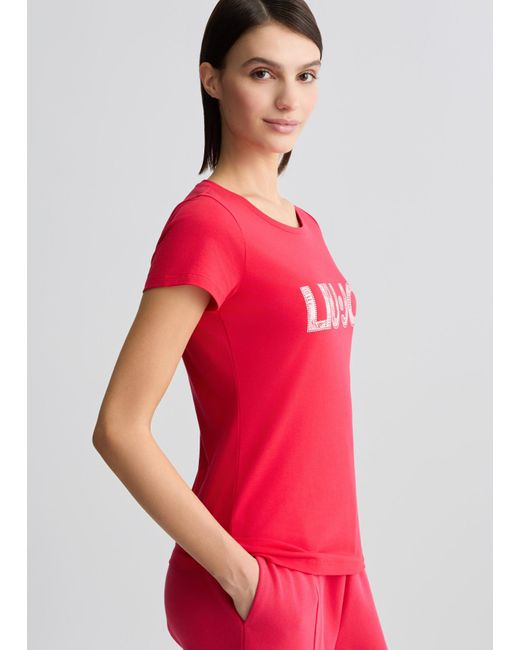Liu Jo T-shirt Con Logo E Strass di Liu Jo in Red