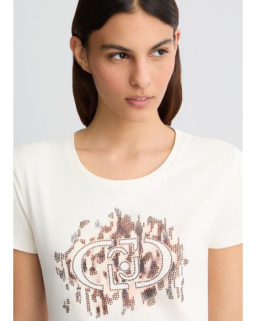 Liu Jo T-shirt Con Logo Animalier E Strass di Liu Jo in White