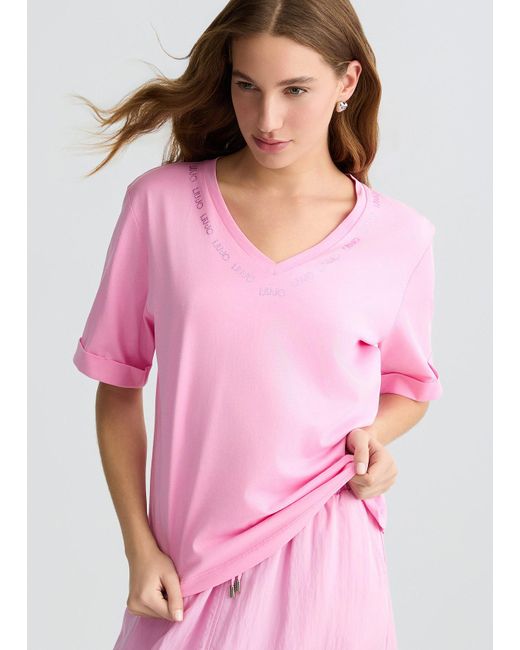Liu Jo T-shirt Con Logo E Strass di Liu Jo in Pink