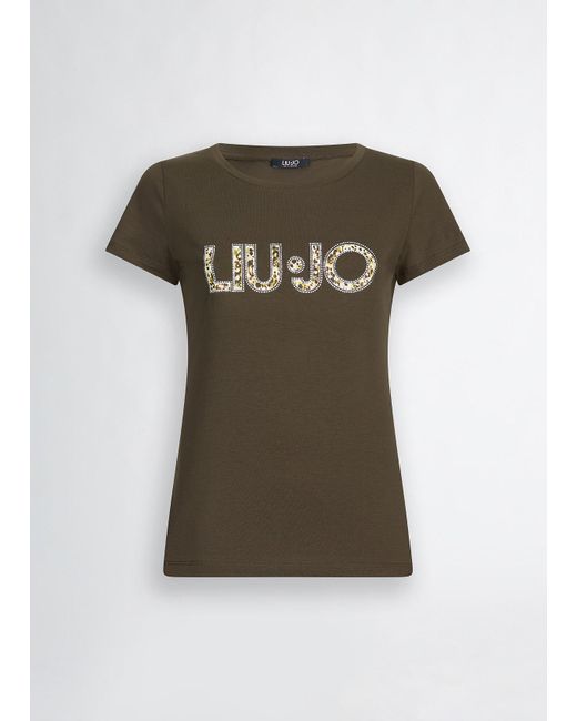 Liu Jo T-shirt Con Logo E Strass di Liu Jo in Green