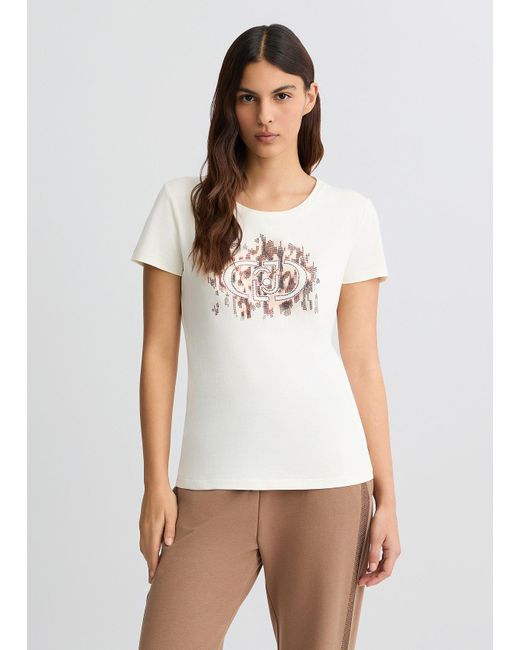 Liu Jo T-shirt Con Logo Animalier E Strass di Liu Jo in White