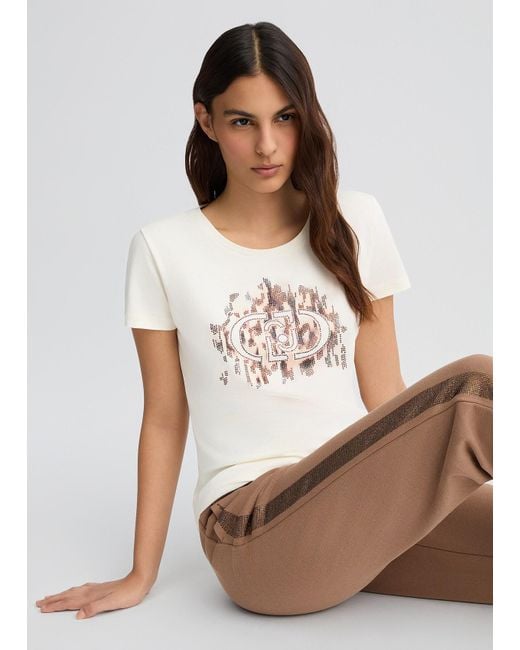 Liu Jo T-shirt Con Logo Animalier E Strass di Liu Jo in White