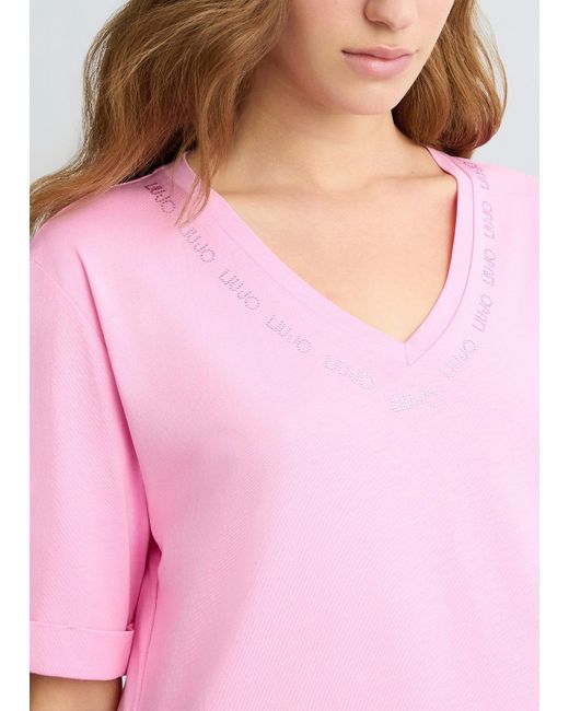 Liu Jo T-shirt Con Logo E Strass di Liu Jo in Pink