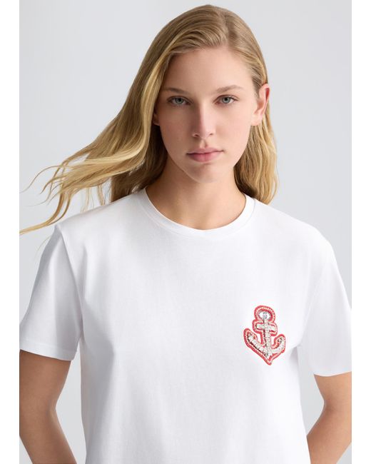 Liu Jo T-shirt In Cotone Con Ricamo E Strass di Liu Jo in White