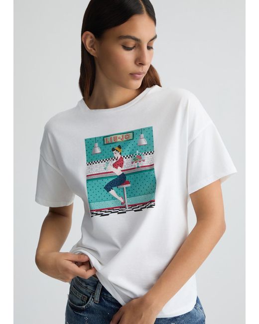 Liu Jo T-shirt Con Stampa E Strass di Liu Jo in White