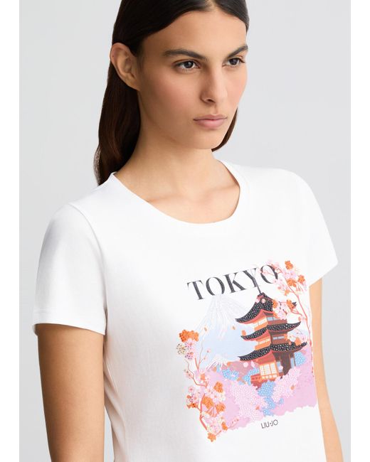 Liu Jo T-shirt In Cotone Con Stampa E Strass di Liu Jo in White
