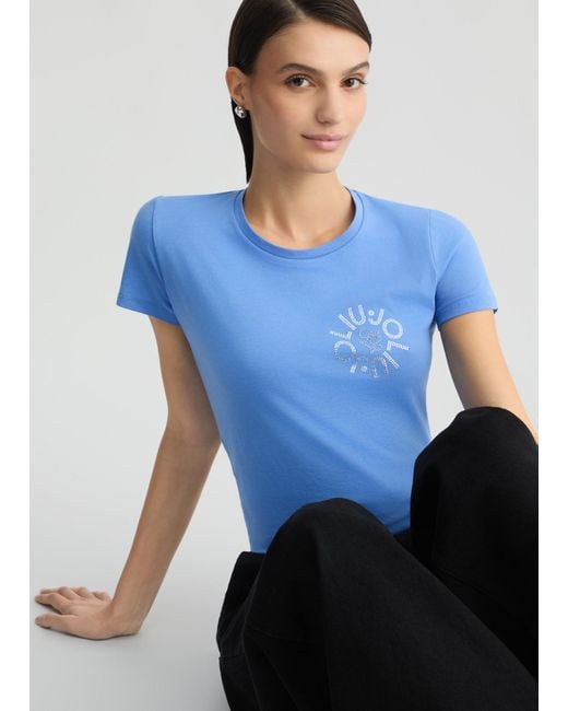 Liu Jo T-shirt Con Logo E Strass di Liu Jo in Blue