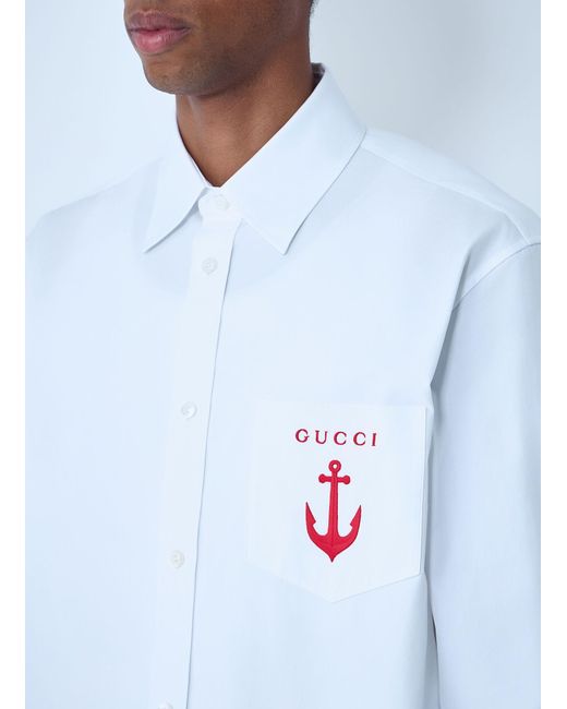Gucci White Logo Embroidery Button-Down Shirt for men