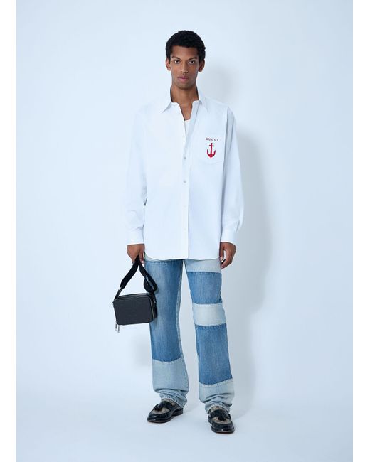 Gucci White Logo Embroidery Button-Down Shirt for men